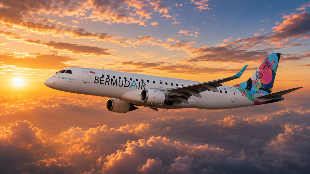 BermudAir aircraft flying at sunset